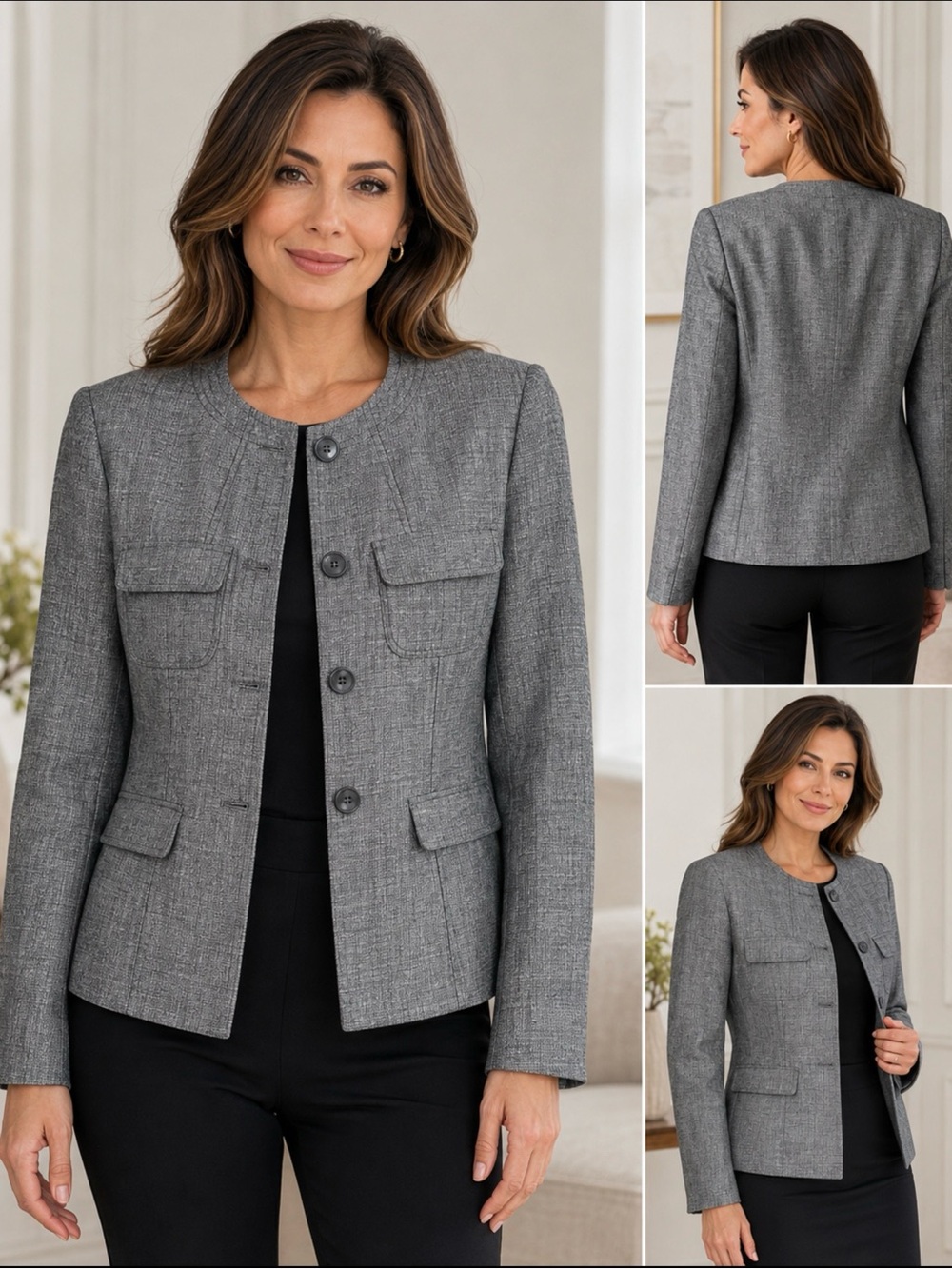 Kasper Gray Textured Collarless Button Front Blazer Jacket Size 12